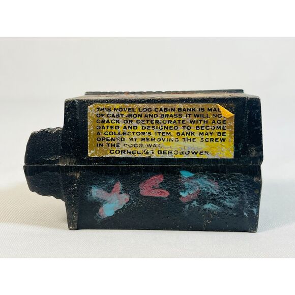 Vintage Cast Iron Log Cabin Still Bank--by Cornelius Bergbower w/ Paper Label - Picture 8 of 11